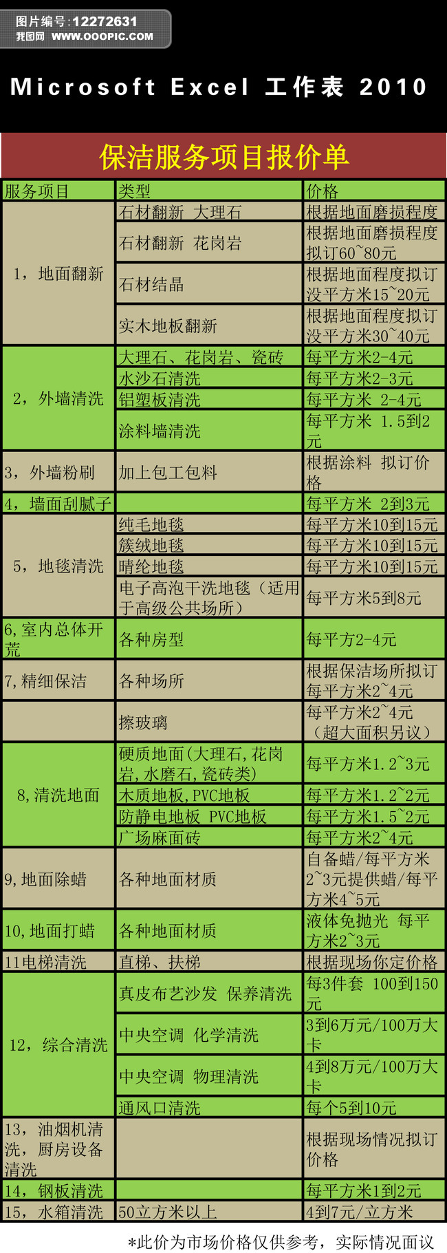工程开荒精保保洁报价单(图1)